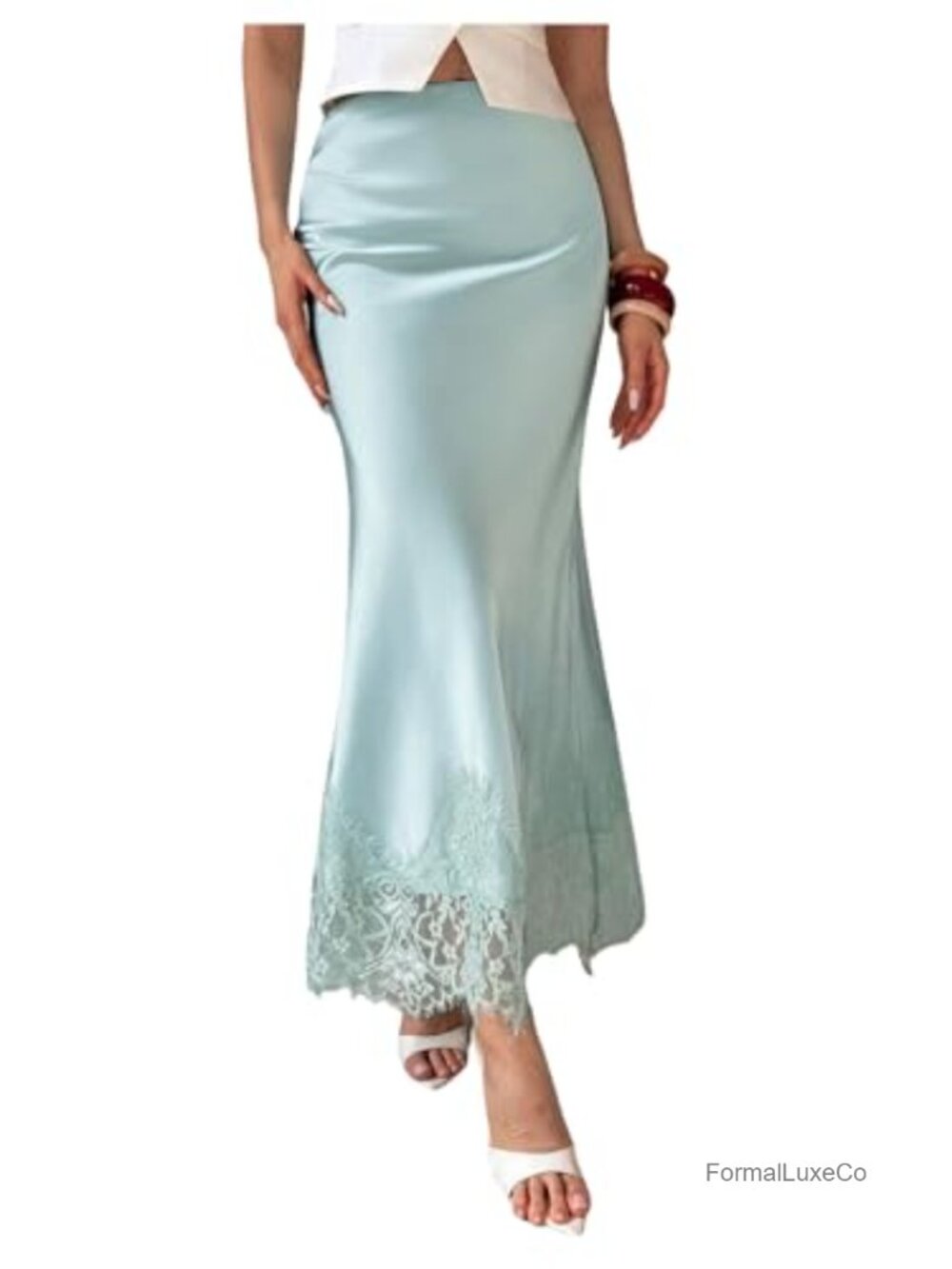 Lace Trim Satin Fishtail Pencil Skirt Party Cocktail Long Skirt